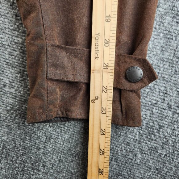 Barbour Newmarket Waxed Jacket Brown Snap Zip Tartan Lined Size 12 UK Women - Picture 14 of 16